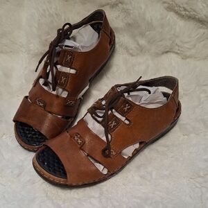 Rieker Antistress Doris 413G4 Brown Leather Boho Embroidery Sandals Sz 38 US 7.5